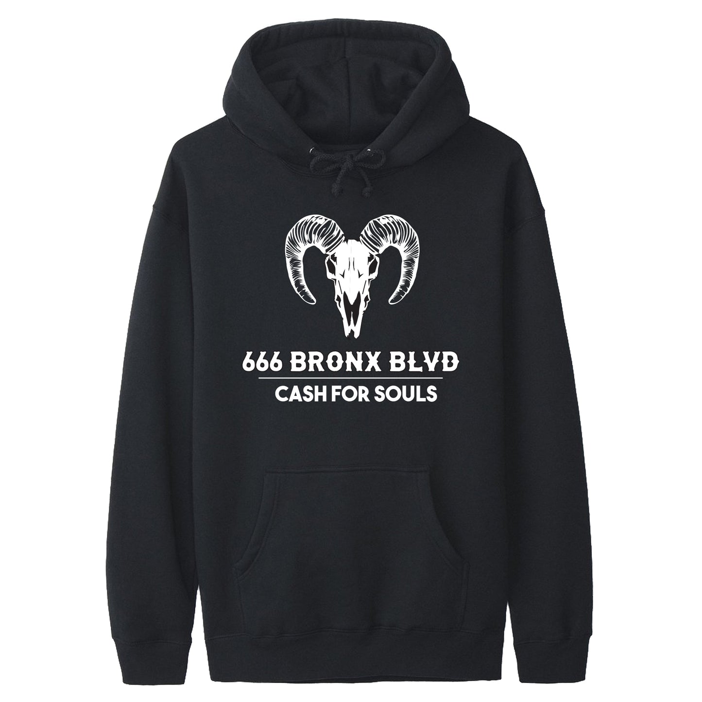 Unisex Black Hoodie V4NY Cash For Souls 666 Bronx Blvd Ram Skull Graphic