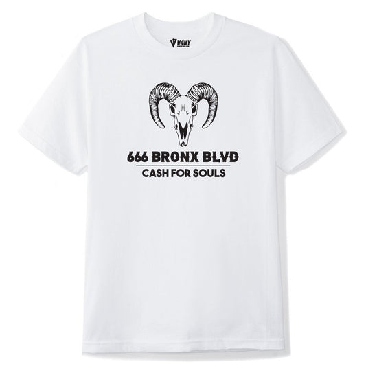 Unisex White T-Shirt V4NY Cash For Souls 666 Bronx Blvd Ram Skull Graphic