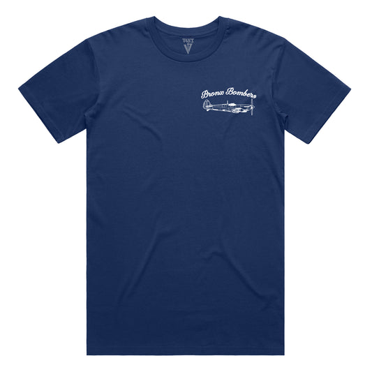 Navy blue t-shirt with white graphic of a plane blueprint and 'Bronx Bombers' in script above with a V4 label