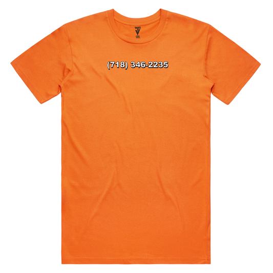 Orange t-shirt with graphics of a truck and text that reads, a phone number.