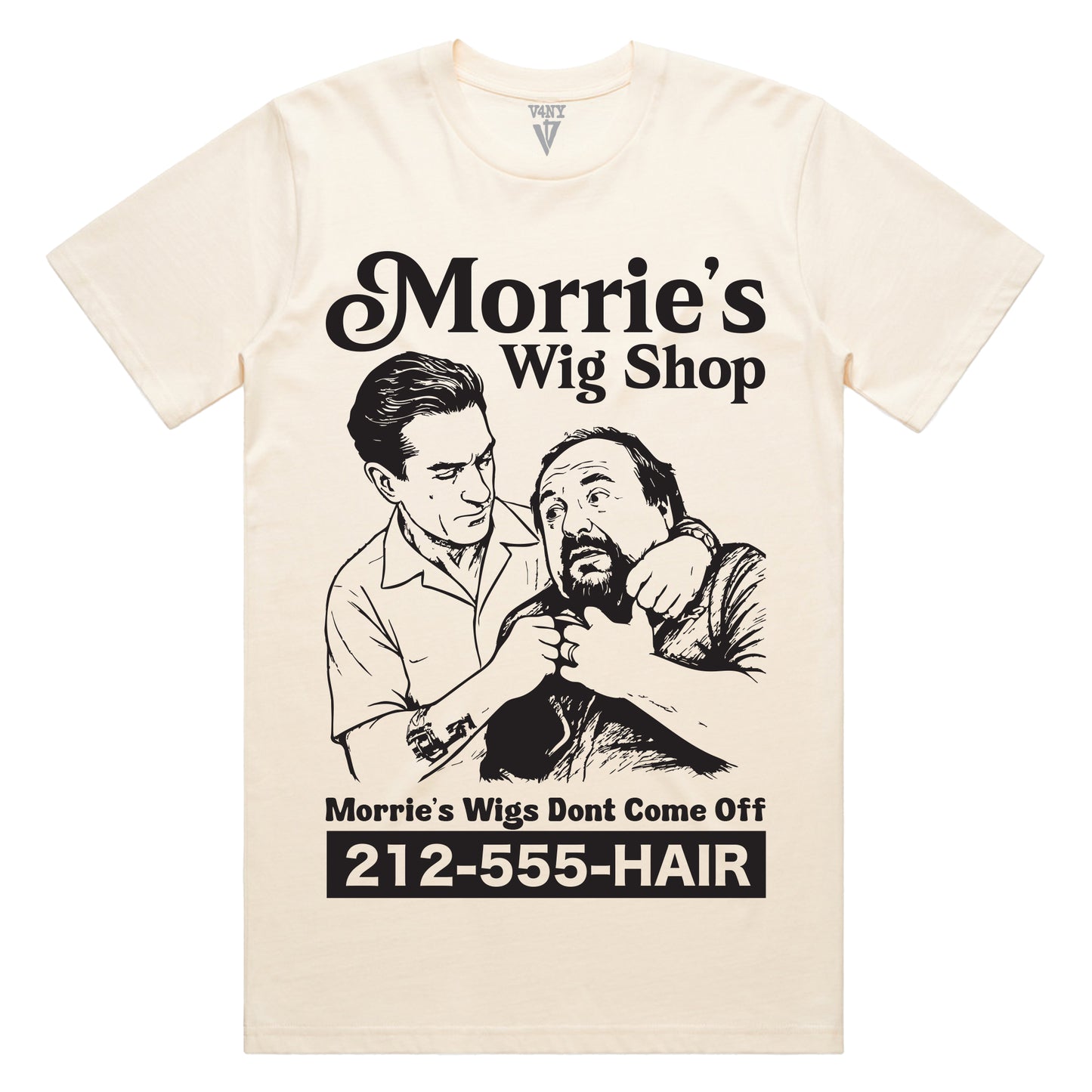 Bone White t-shirt with black graphic of Jimmy Conway choking Morrie (from Goodfellas) and text 'Morrie's Wig Shop'