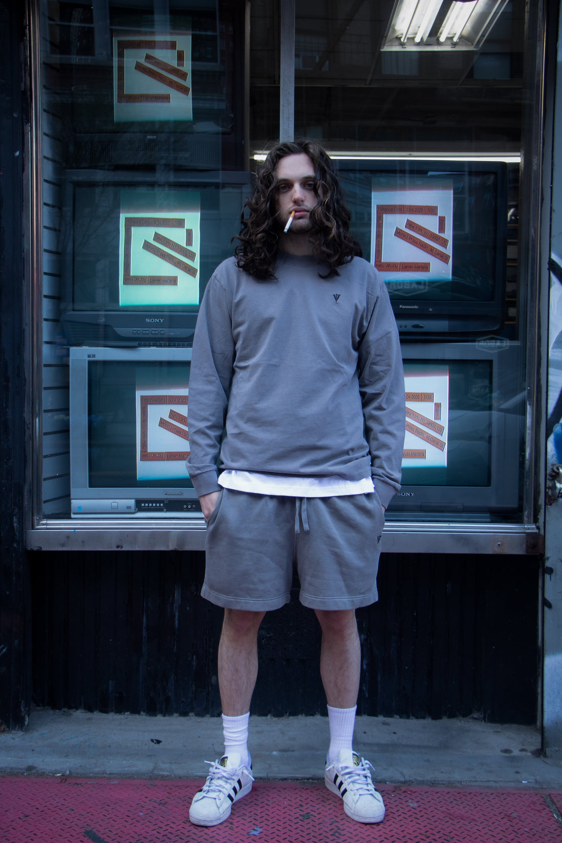 V4 Trademark long sleeve and track short grey New York streetwear outfit Chinatown NYC