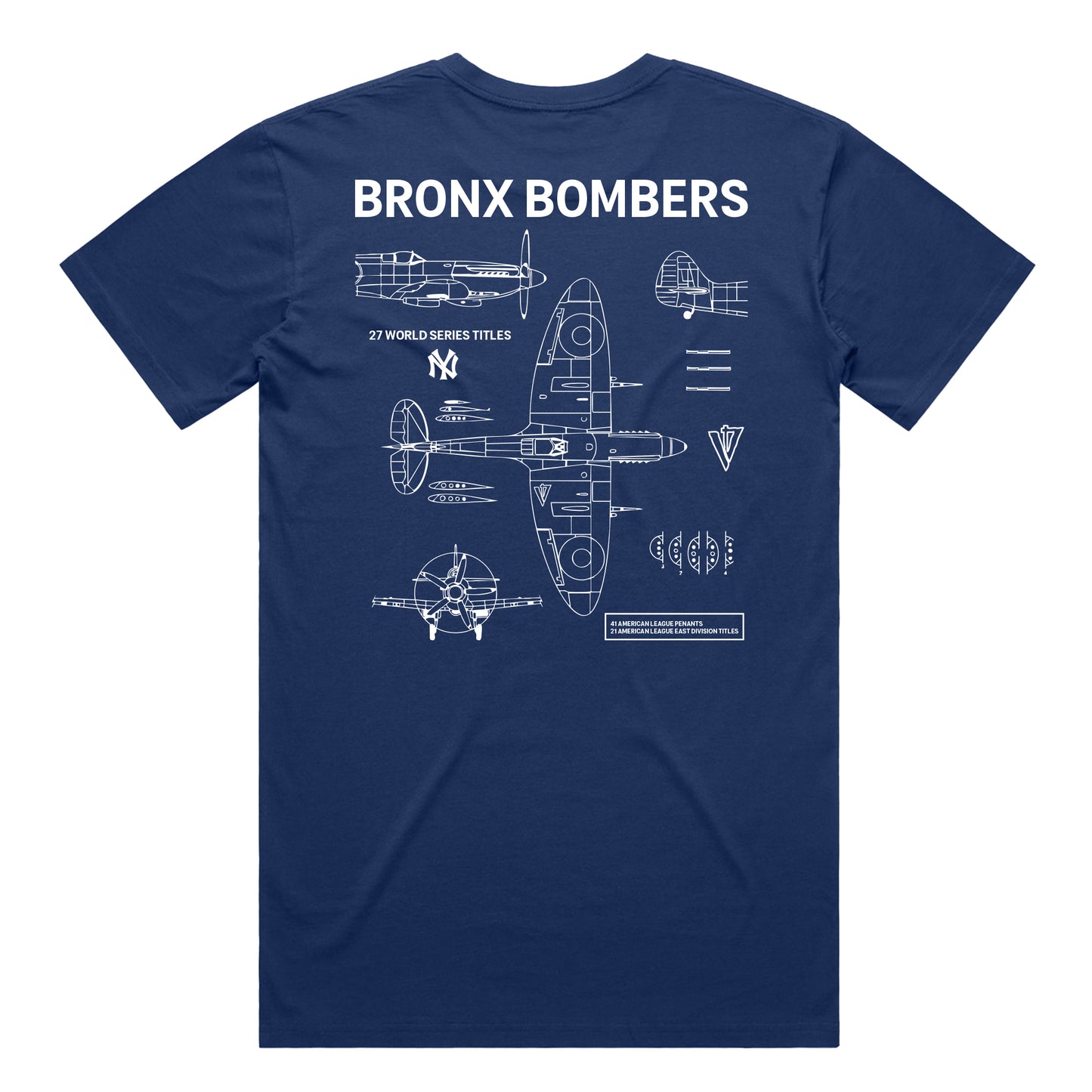 Navy blue t-shirt with airplane blueprint and 'Bronx Bombers' text with the V4 logo