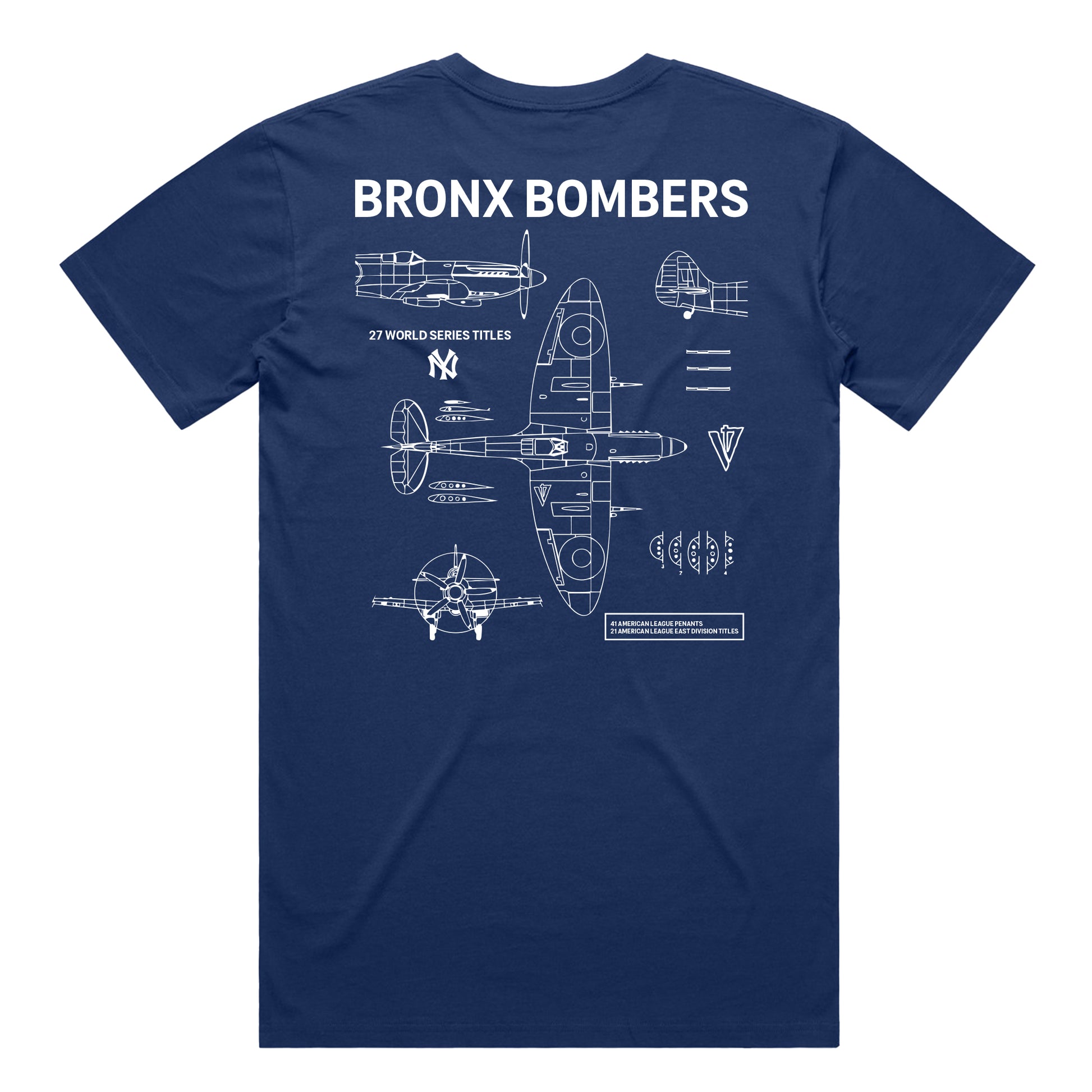 Navy blue t-shirt with airplane blueprint and 'Bronx Bombers' text with the V4 logo
