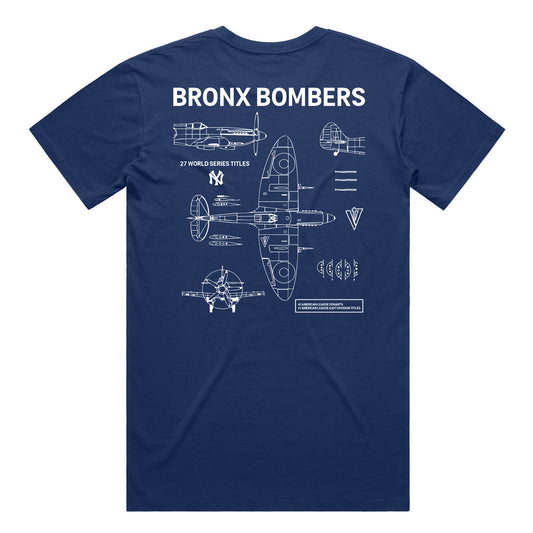 Navy blue t-shirt with airplane blueprint and 'Bronx Bombers' text with the V4 logo