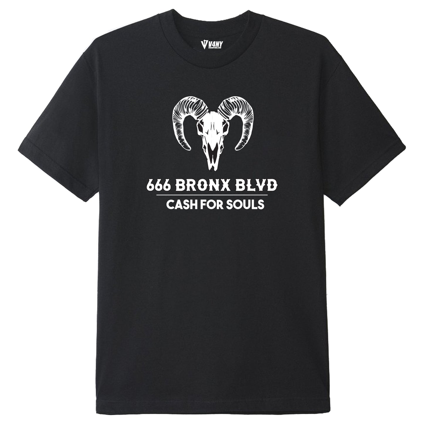 Unisex Black T-Shirt V4NY Cash For Souls 666 Bronx Blvd Ram Skull Graphic