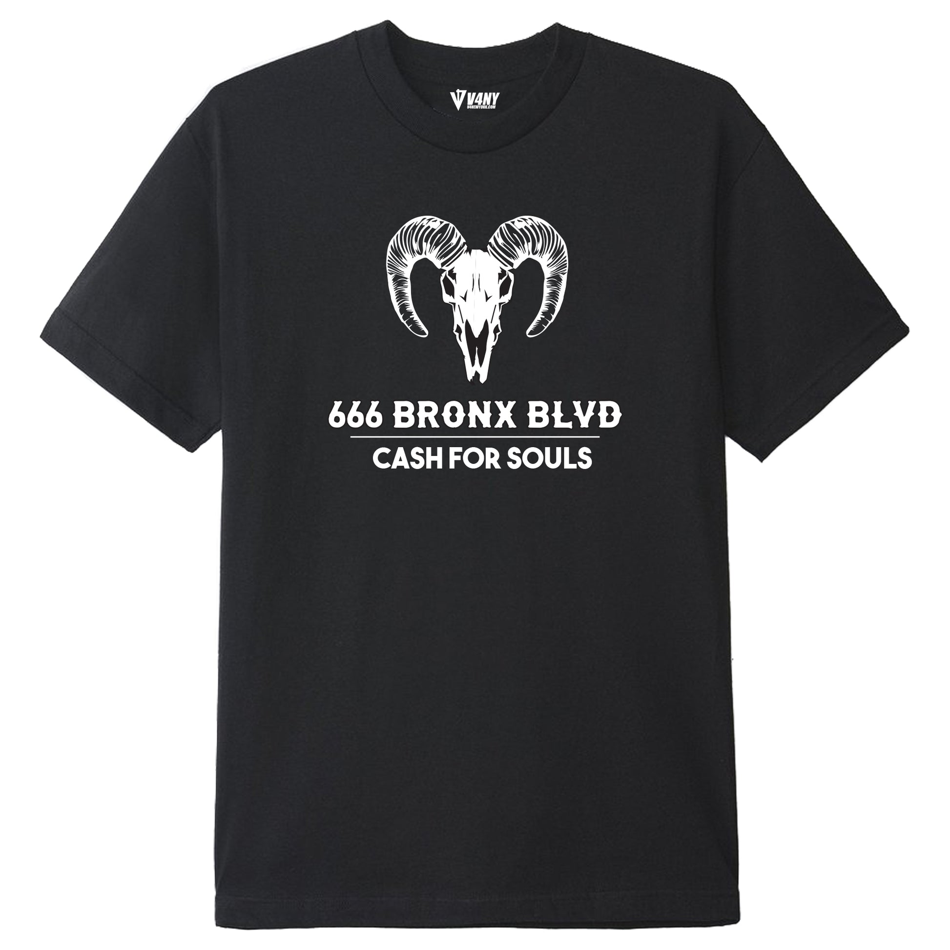 Unisex Black T-Shirt V4NY Cash For Souls 666 Bronx Blvd Ram Skull Graphic