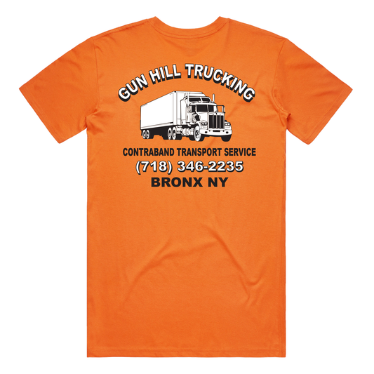 Unisex V4 Gun Hill Trucking Graphic Contraband Transport Service Orange Tee Back