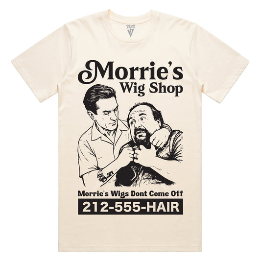 Bone White t-shirt with black graphic of Jimmy Conway choking Morrie (from Goodfellas) and text 'Morrie's Wig Shop' 